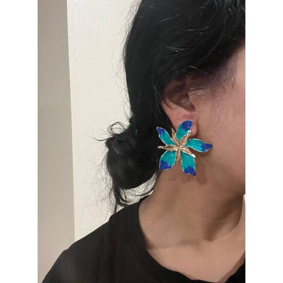 Large Blue earring Flower turquoise sea green royal blue gold oversized Earrings - Picture 2 of 8